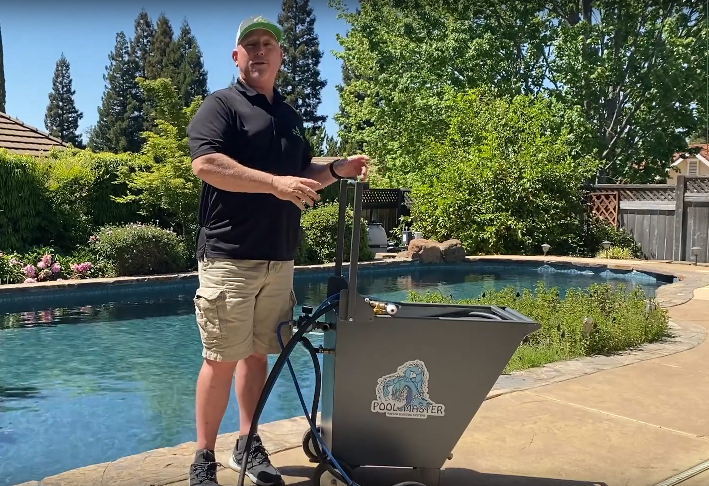 The Pool Master outdoor wet blast system with it's creator, Rick Hayes